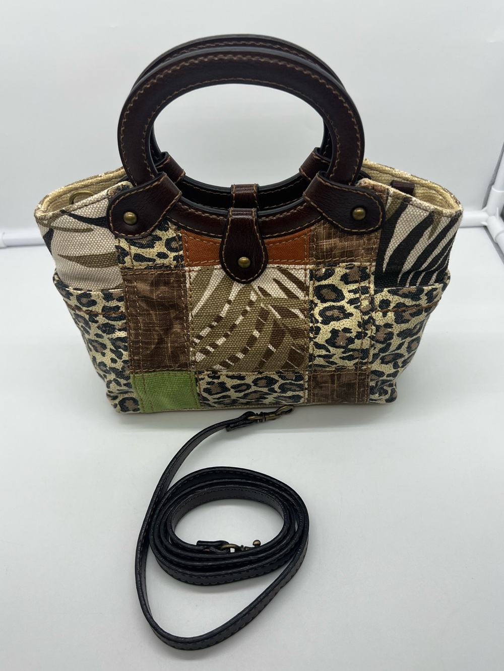 FOSSIL Reissue Small Patchwork Cutout Handles Leather Trim Satchel Crossbody Bag